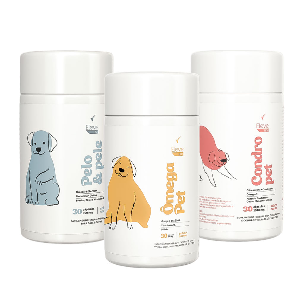 Kit Linha Pet | Ômega Pet + Condro Pet + Pelo & Pele | 3 unid. - sabor carne + E-book